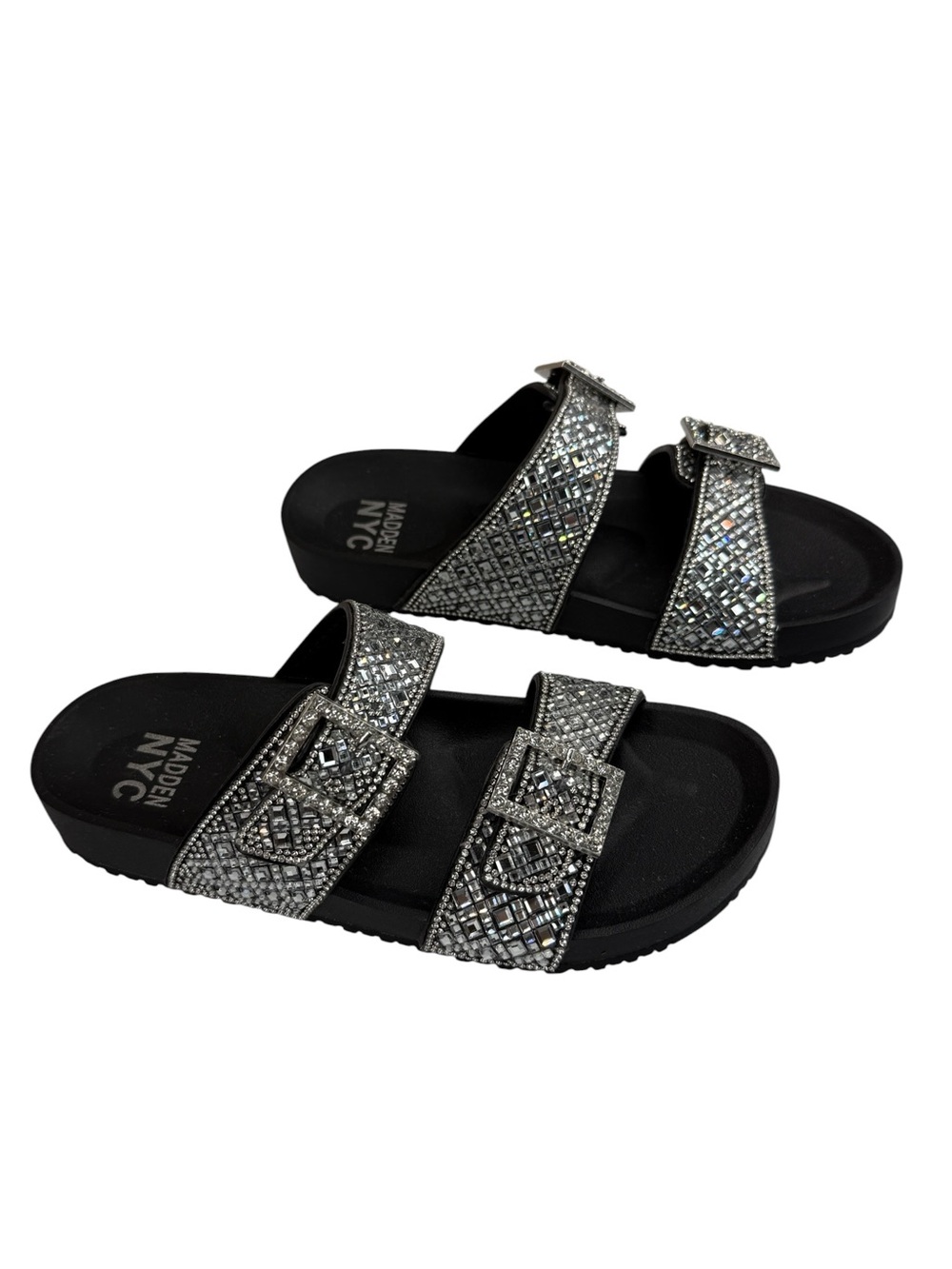 Madden NYC Rhinestone Double Buckle Slide Sandals Black Silver Women’s 6 - Picture 5 of 12